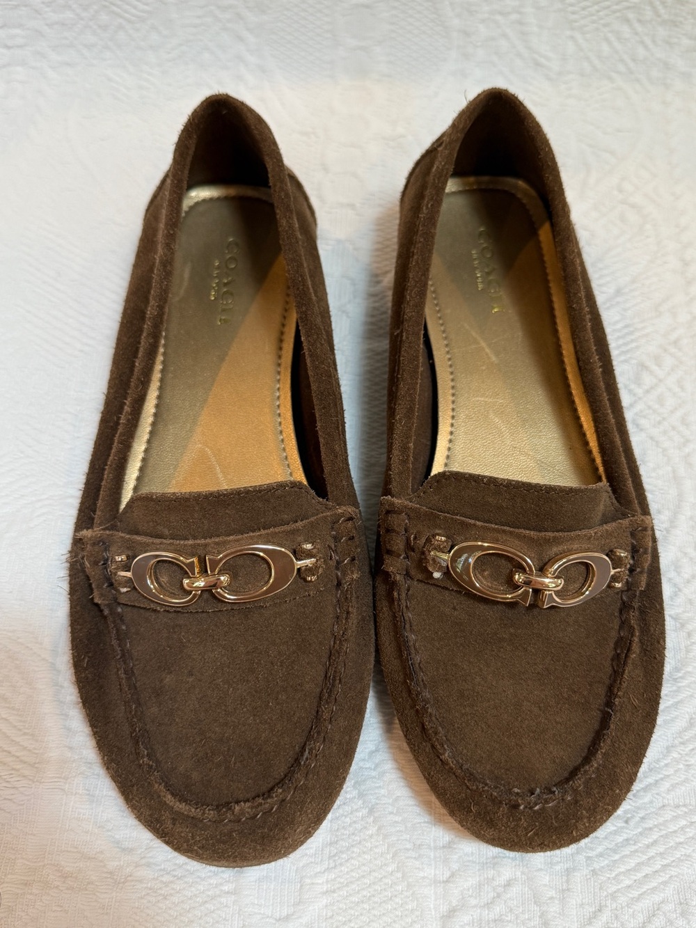 Coach Fortunata Loafers Womens Size 7.5 Brown Suede Logo Driver Flats Slip On